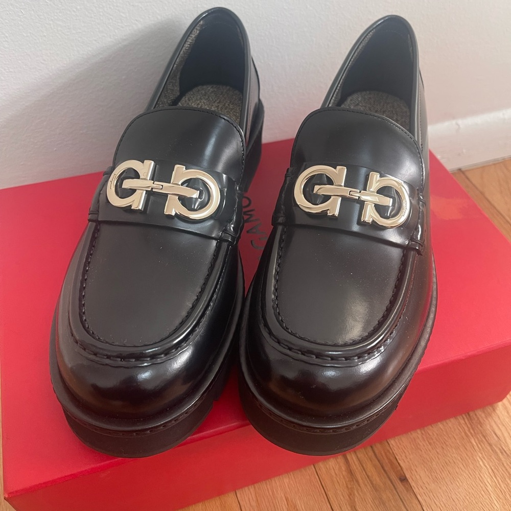 Salvatore Ferragamo Black Loafers with Gold Hardware